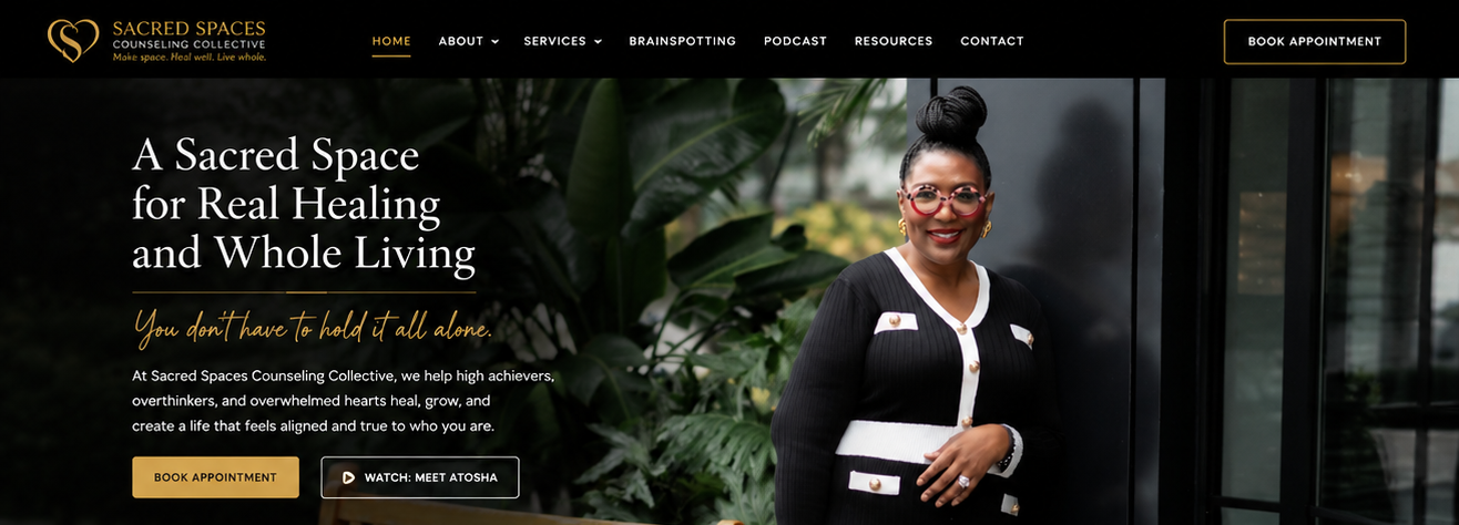 Sacred Spaces dark greenery homepage hero