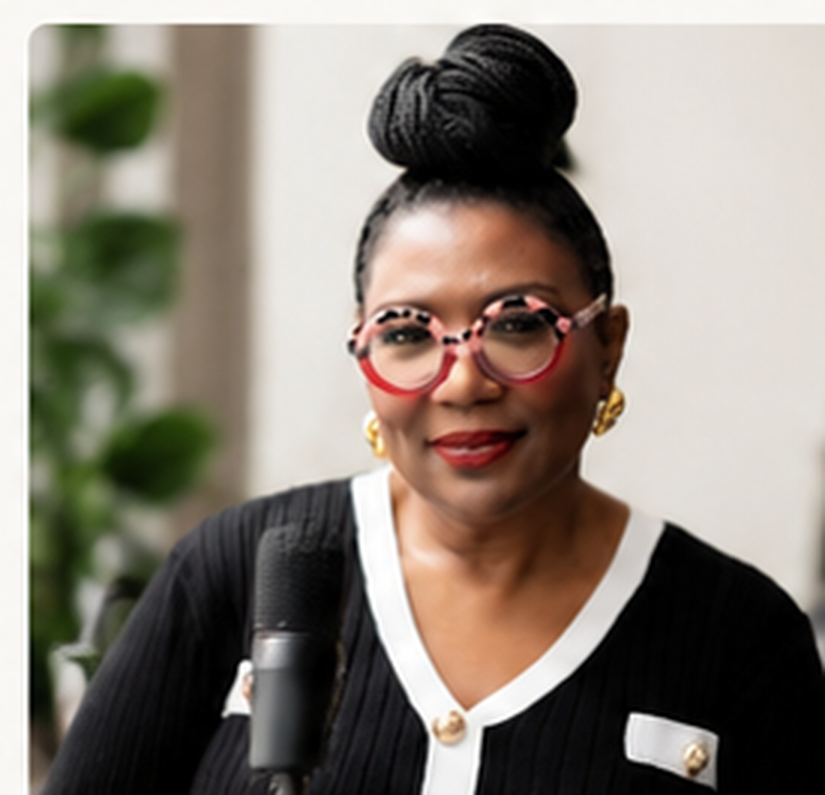 Atosha McLean with podcast microphone